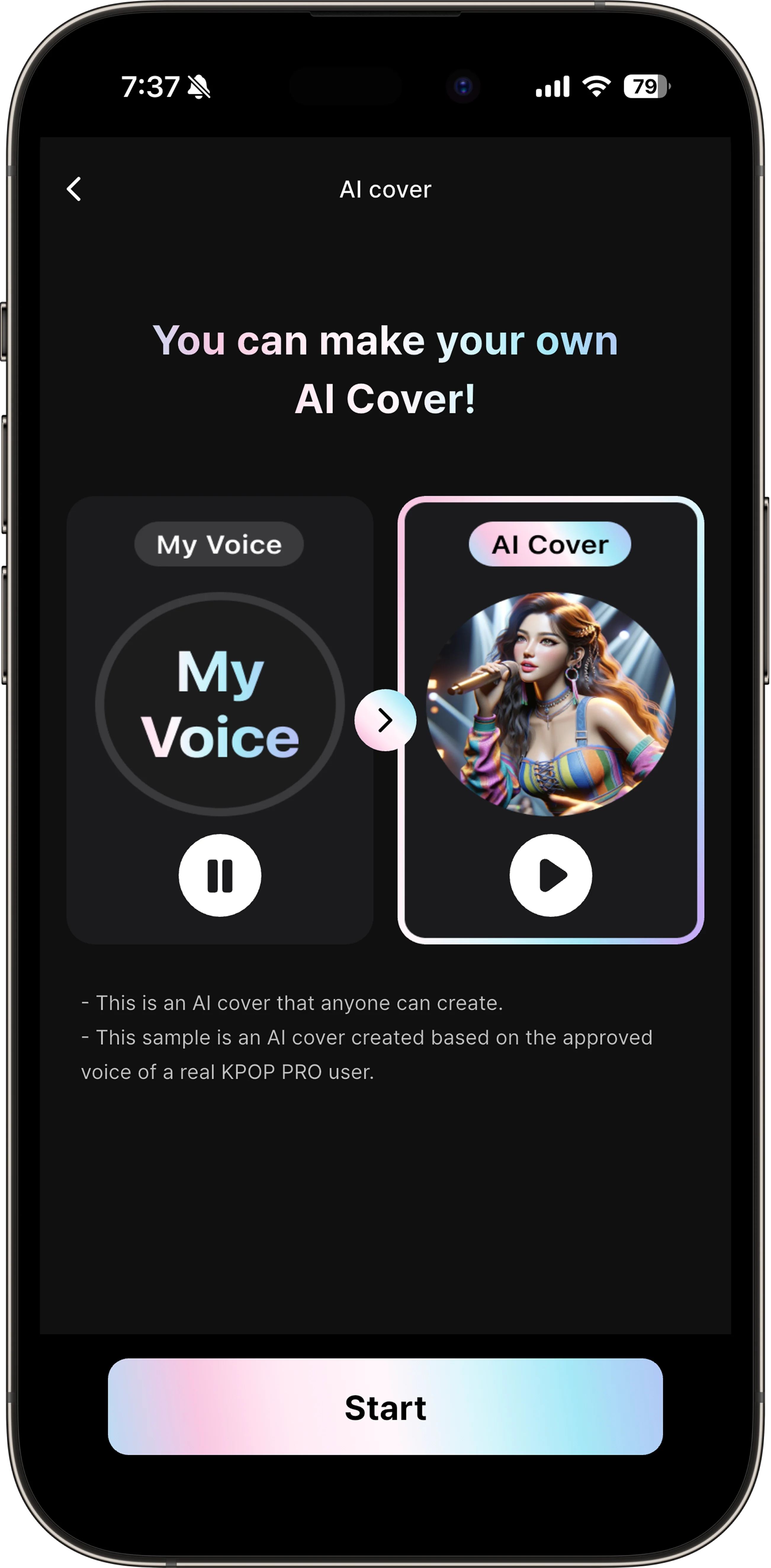 KPOP PRO AI cover screen showing voice profile selection
