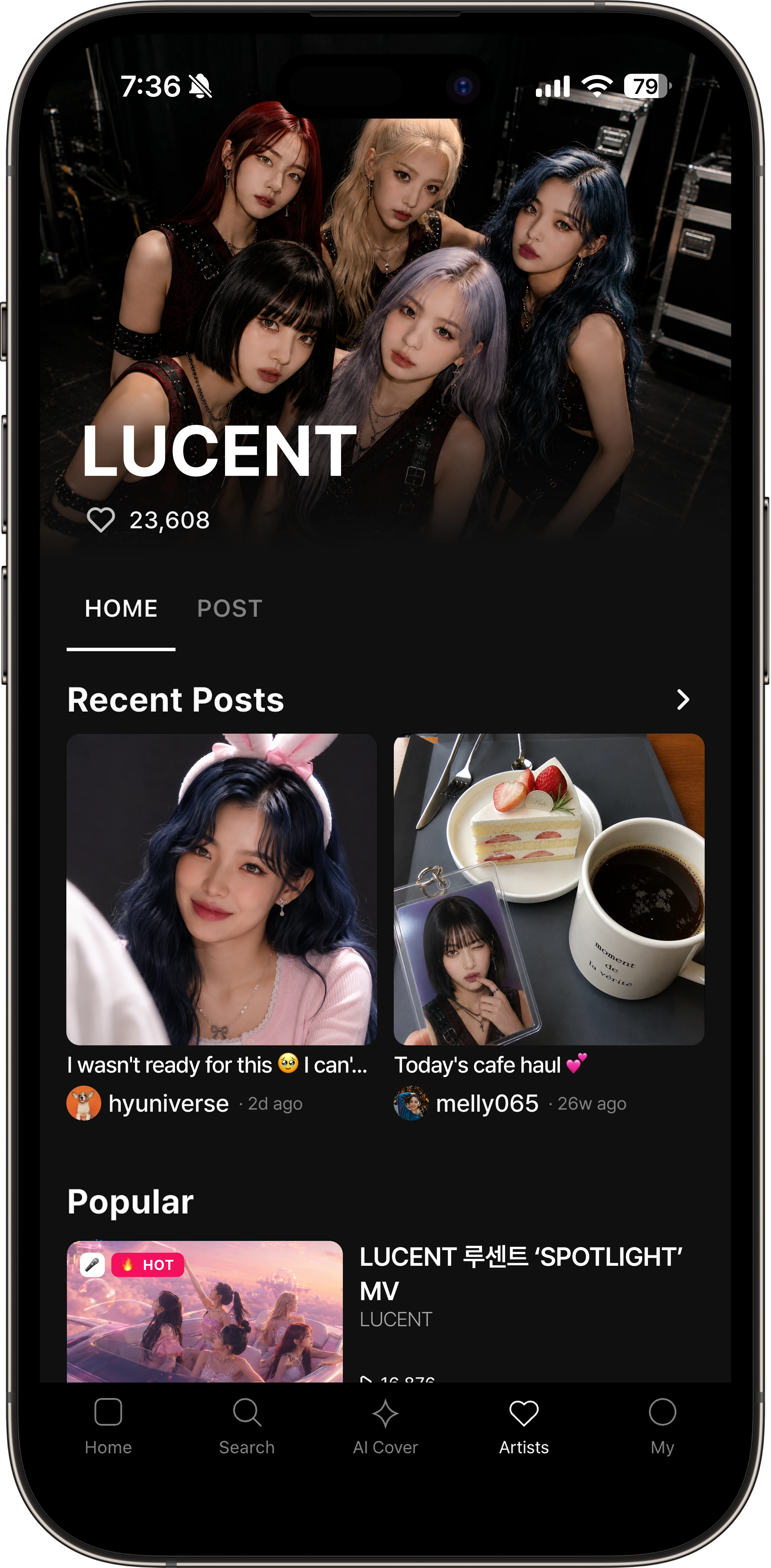 KPOP PRO community home screen with artist and fan feed