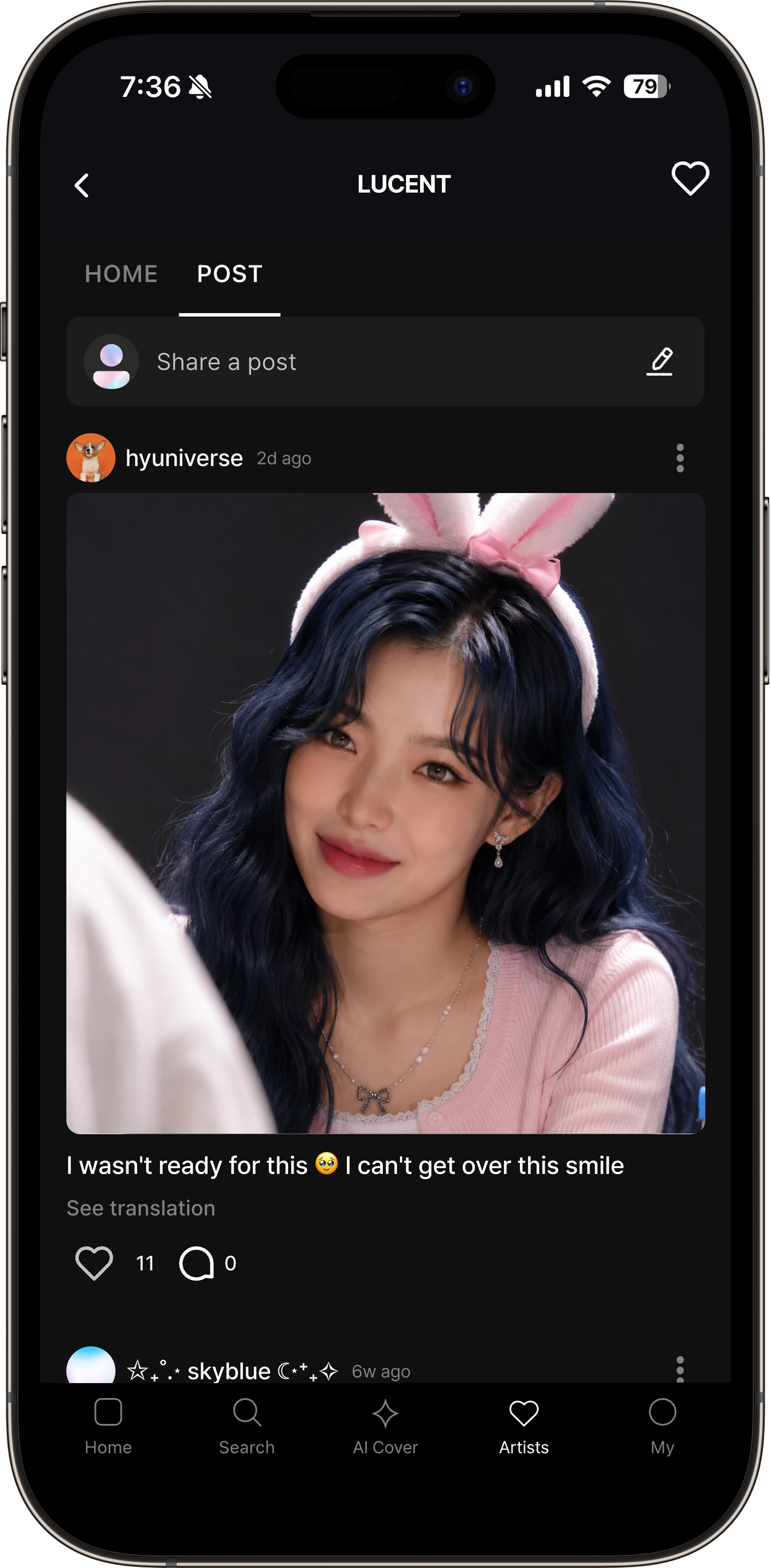 KPOP PRO community feed showing a fan post with artist updates