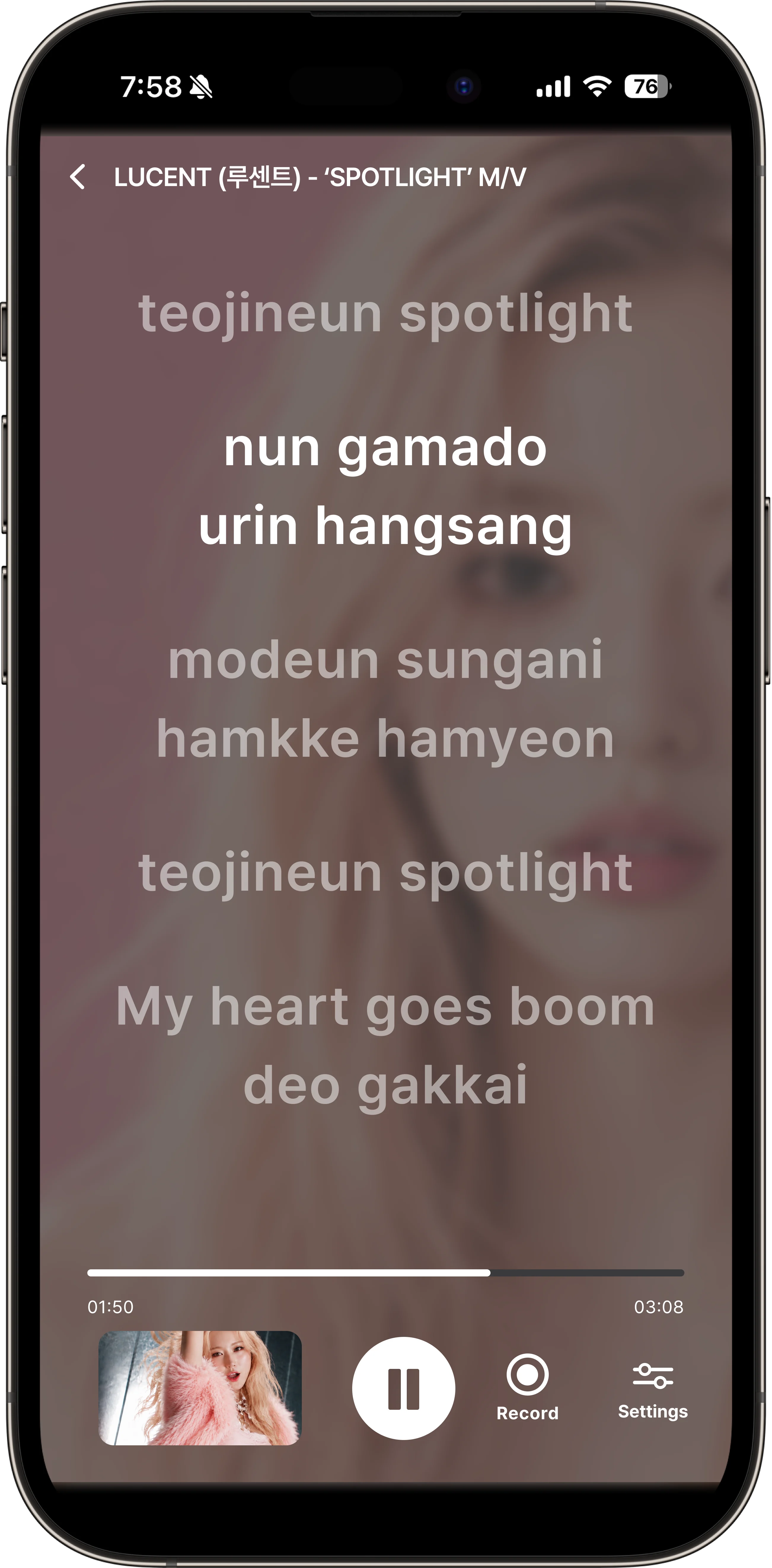 KPOP PRO app showing translated lyrics with synchronized line highlight